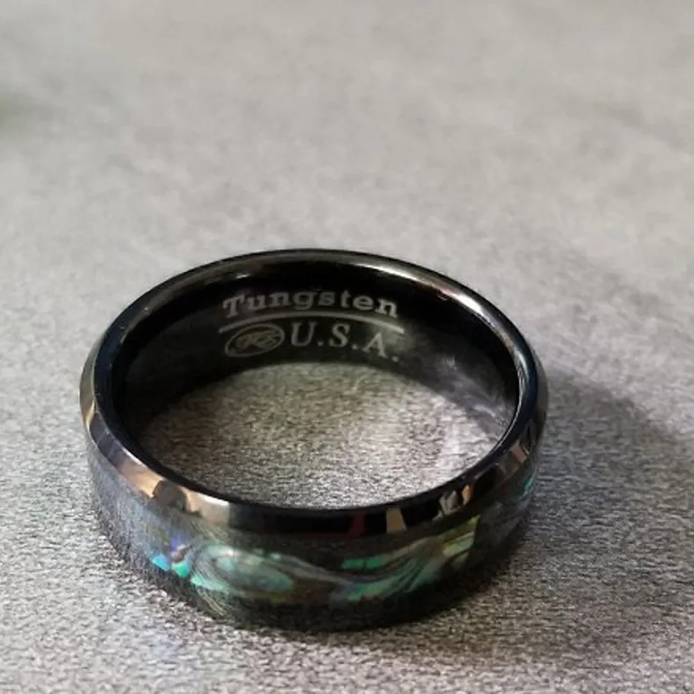 Men's Real Black Tungsten Wedding Ring With Abalone Shell Inlay